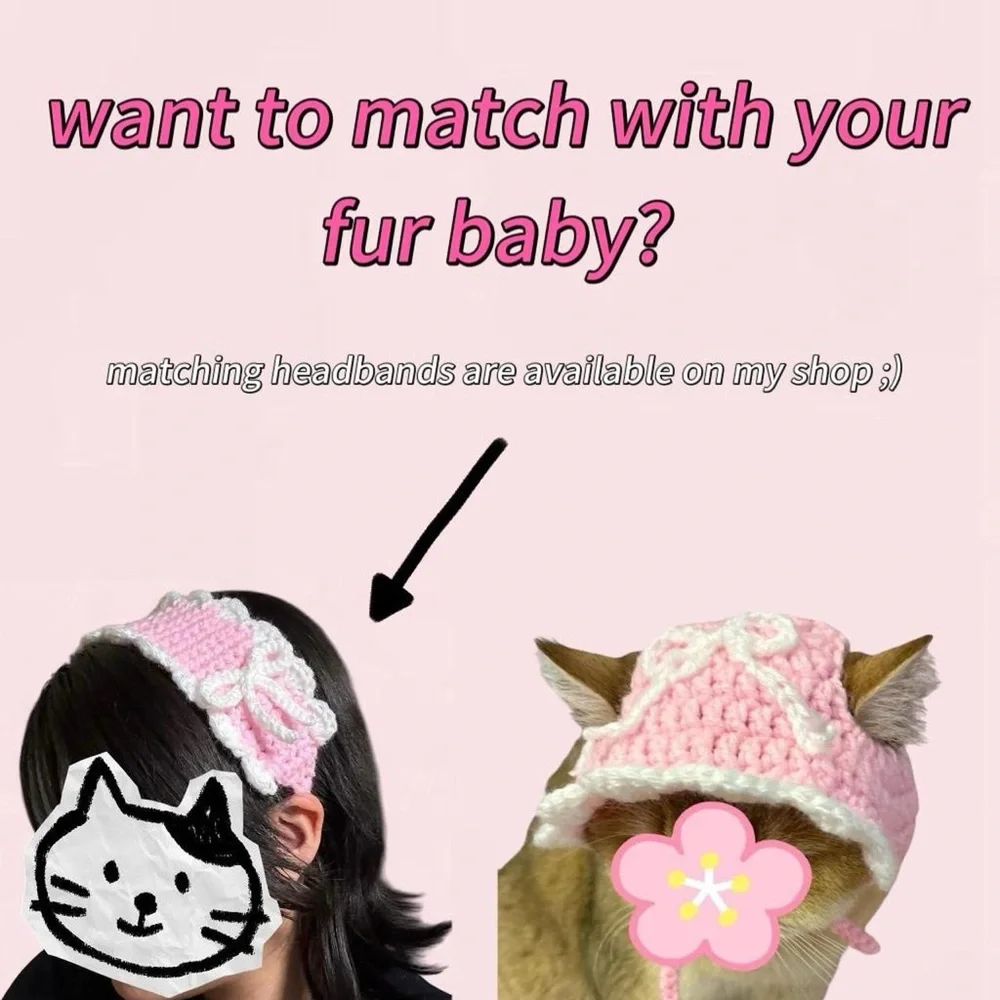 pink and white crochet bow hat for cats